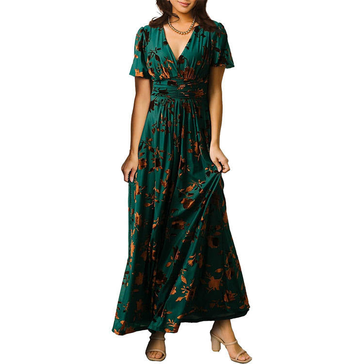 Womens Velvet Maxi Dress, V Neck Short Sleeve Empire Waist Long Formal Dress for Wedding Guests and Special Events