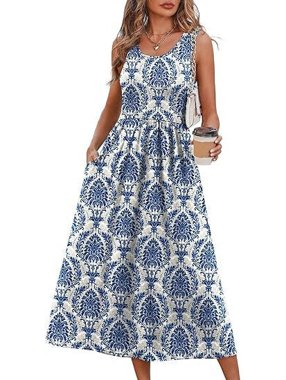 Womens Little Dress, Flowy Casual Midi Beach Vacation Sundress with Pockets