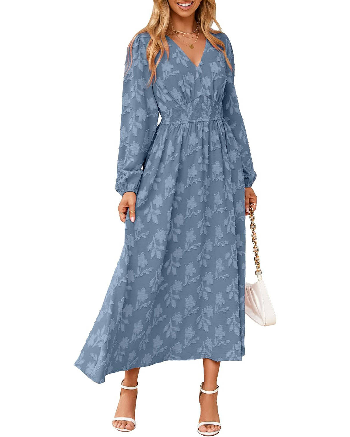 Womens Floral Maxi Dress, Long Sleeve V Neck Empire Waist Boho Fall Wedding Guest Dress with Pockets