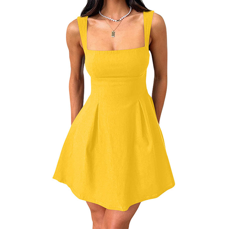 Womens Little Dress, Sexy Sleeveless Square Neck LBD Dress with Bow Tie A Line Mini Design
