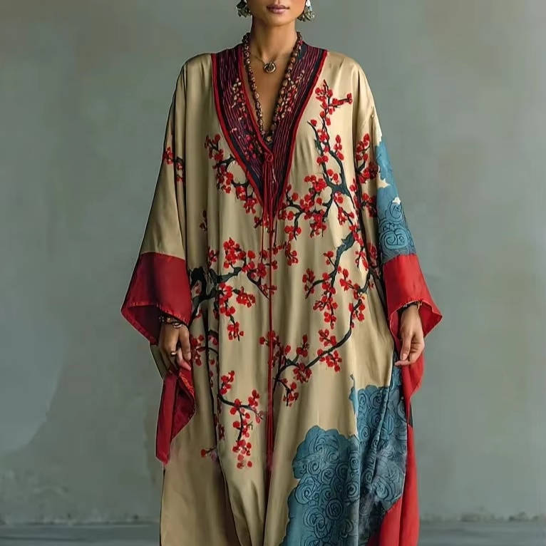 Moomoo Dresses for Women, Floral Print V Neck Batwing Sleeve Casual Flowy Maxi Dress