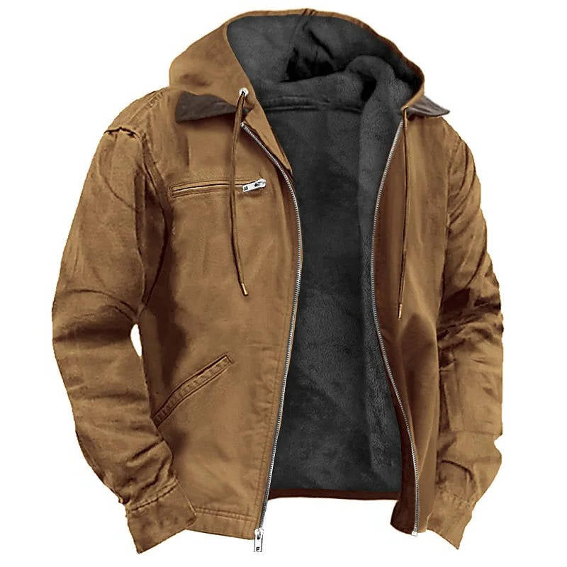 Mens Fleece Jacket with Drawstring Hood and Front Zipper, Two Side Pockets