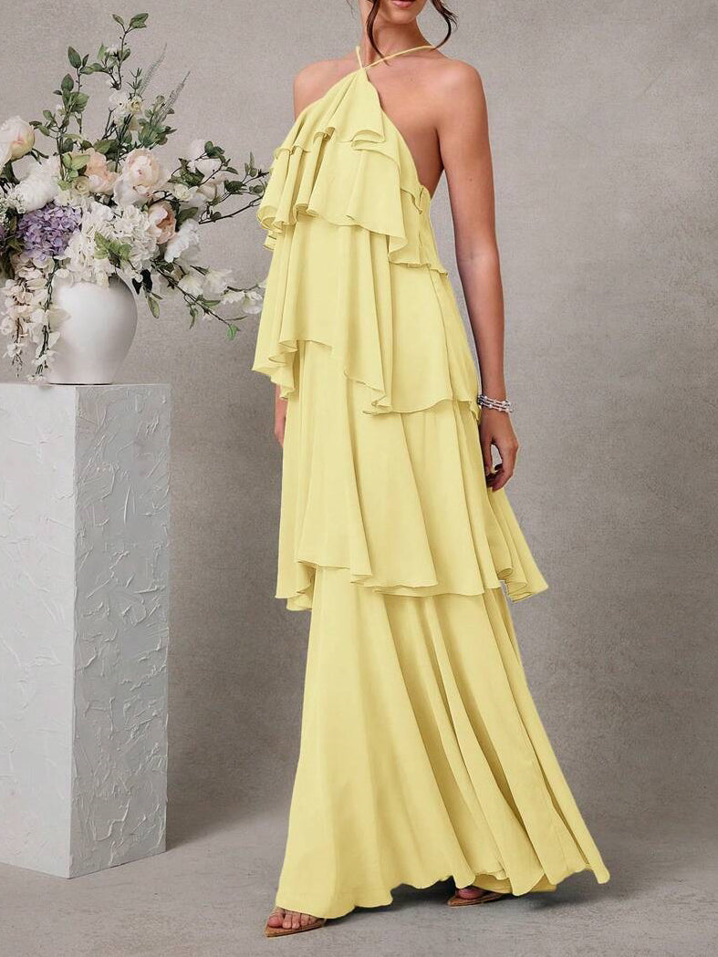 Womens Halter Backless Maxi Dress, Ruffle Layered Wedding Guest and Formal Dress