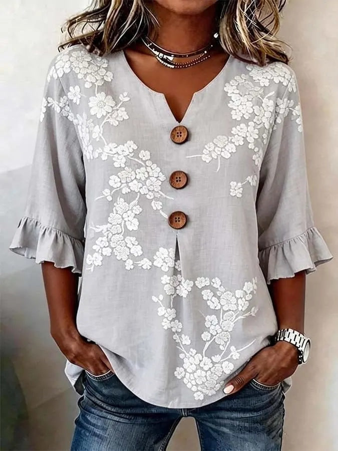 Women's Floral Print Linen Blouse, Vintage V Neck Sleeve Shirt, Casual Ruffle Cuff Button Down Tops