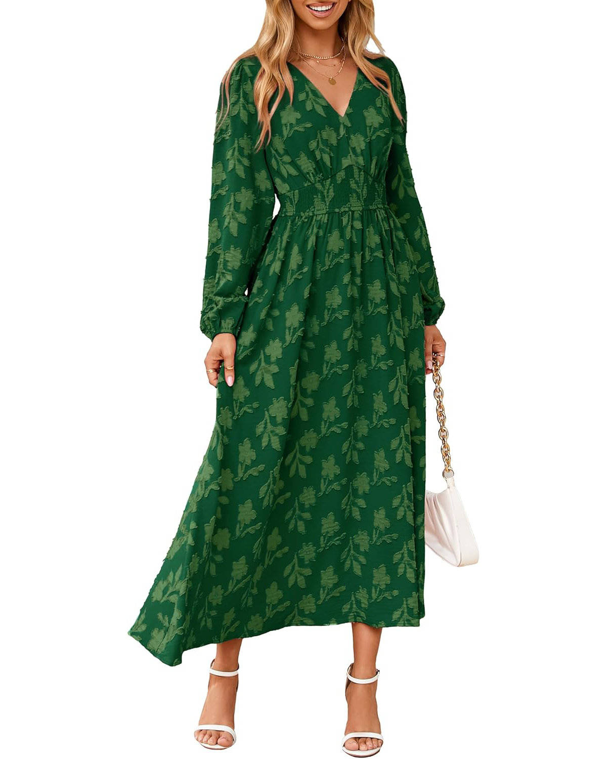 Womens Floral Maxi Dress, Long Sleeve V Neck Empire Waist Boho Fall Wedding Guest Dress with Pockets