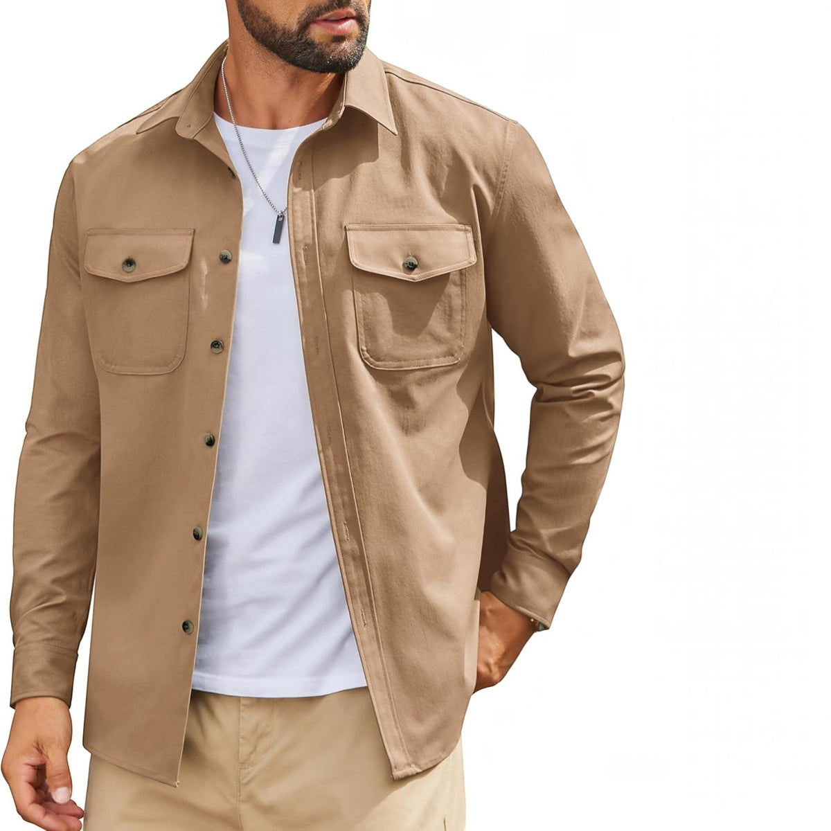 Mens Long Sleeve Button Down Work Shirt, Casual Workwear Shirt with Flap Pockets
