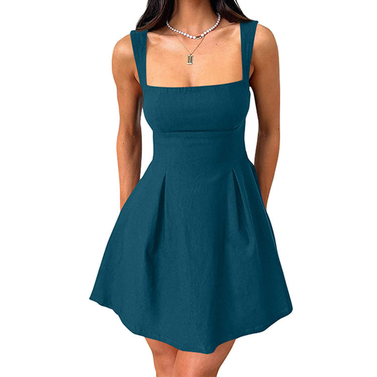 Womens Little Dress, Sexy Sleeveless Square Neck LBD Dress with Bow Tie A Line Mini Design
