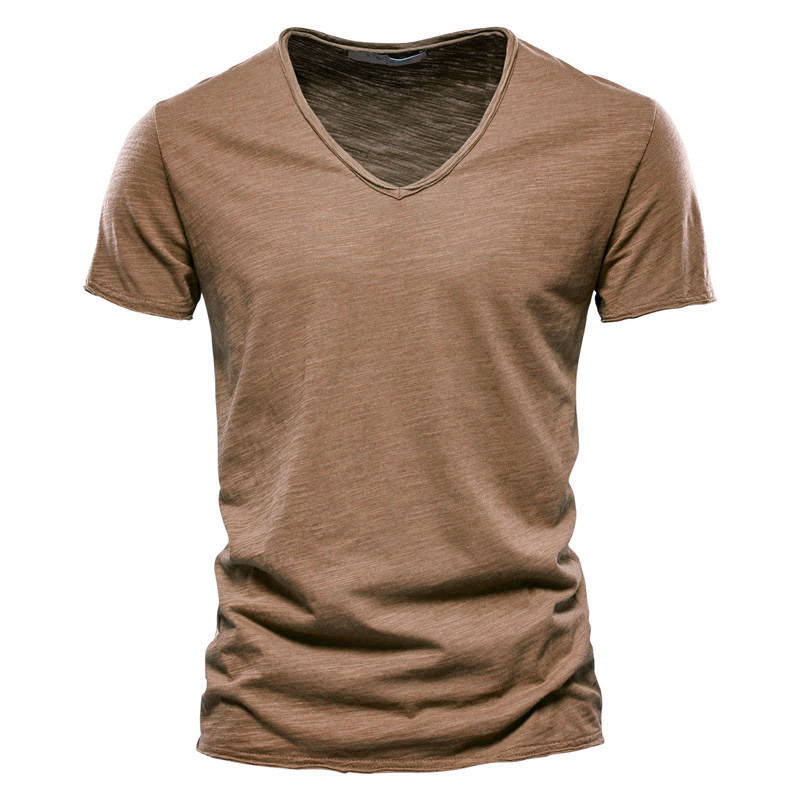 Men's Casual V Neck T Shirt, Breathable Slim Fit Short Sleeve Tee, Lightweight Cotton Slub Basic Top