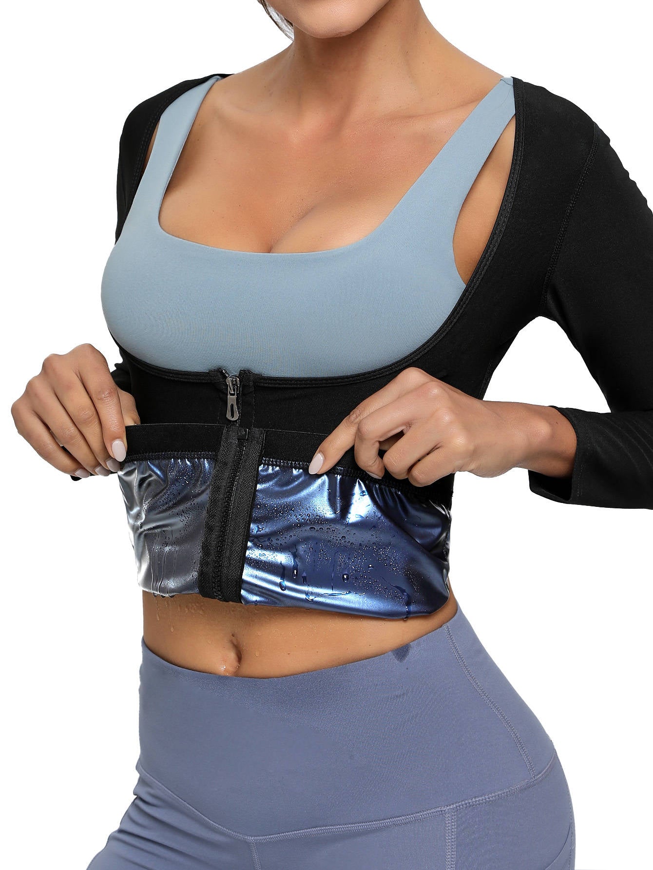 Womens Long Sleeve Sauna Compression Top, Zip Up Open Bust Workout Gym Shirt