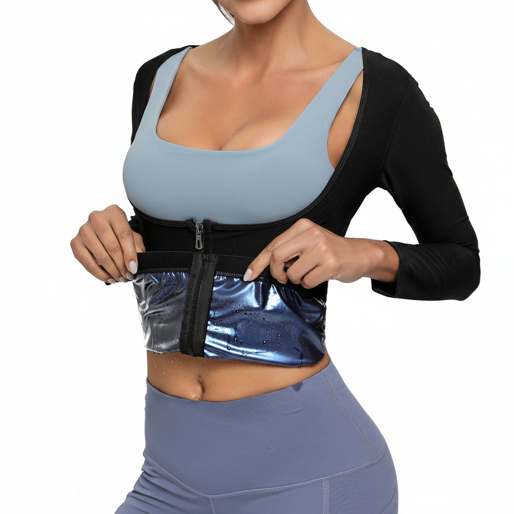 Womens Long Sleeve Sauna Compression Top, Zip Up Open Bust Workout Gym Shirt