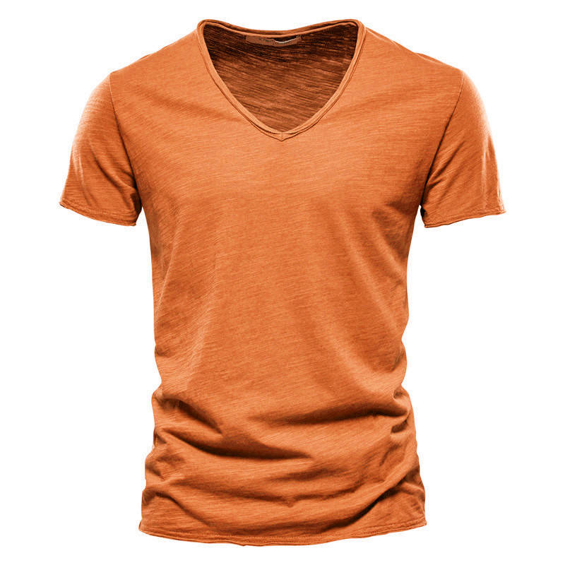 Men's Casual V Neck T Shirt, Breathable Slim Fit Short Sleeve Tee, Lightweight Cotton Slub Basic Top