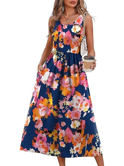 Womens Little Dress, Flowy Casual Midi Beach Vacation Sundress with Pockets