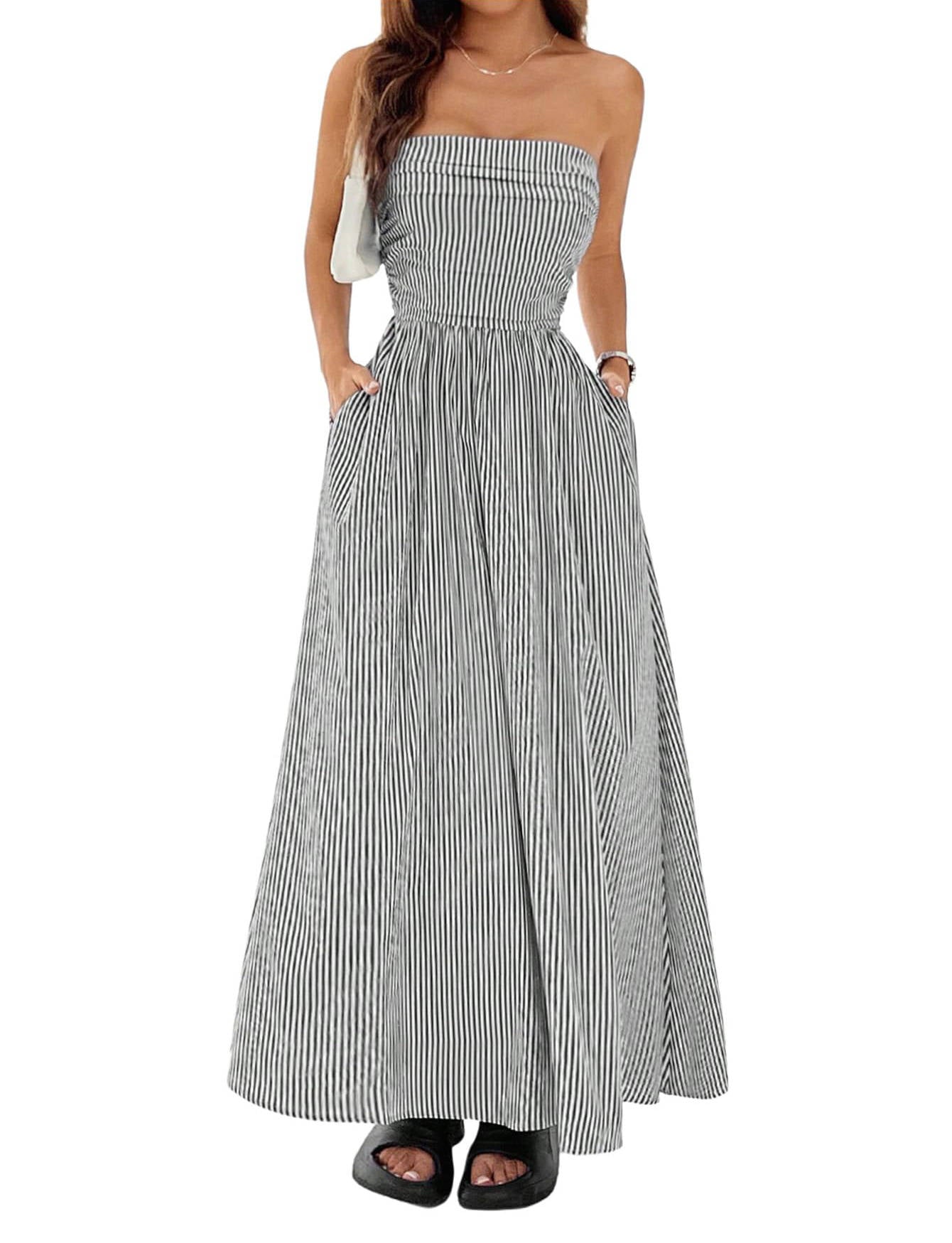 Womens Striped Strapless Maxi Dress, Casual Tube Top Summer Dress with Pockets