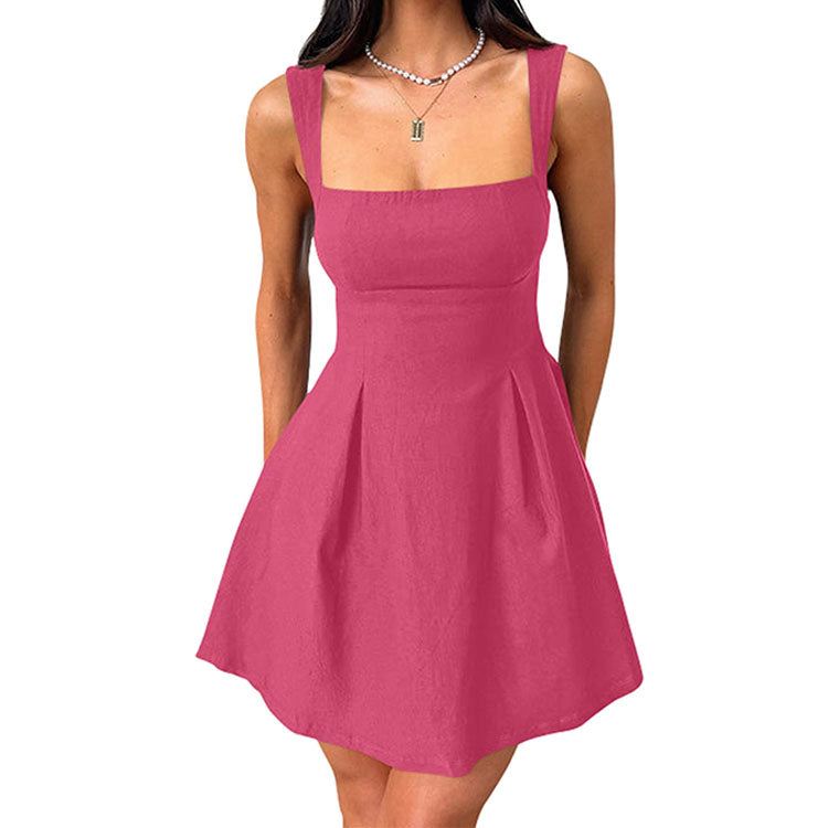 Womens Little Dress, Sexy Sleeveless Square Neck LBD Dress with Bow Tie A Line Mini Design
