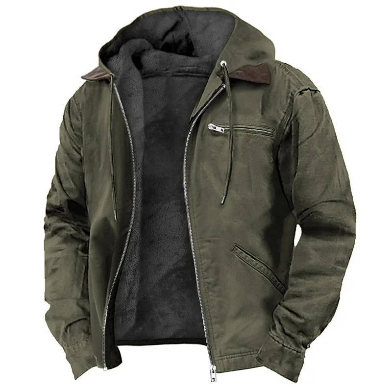 Mens Fleece Jacket with Drawstring Hood and Front Zipper, Two Side Pockets