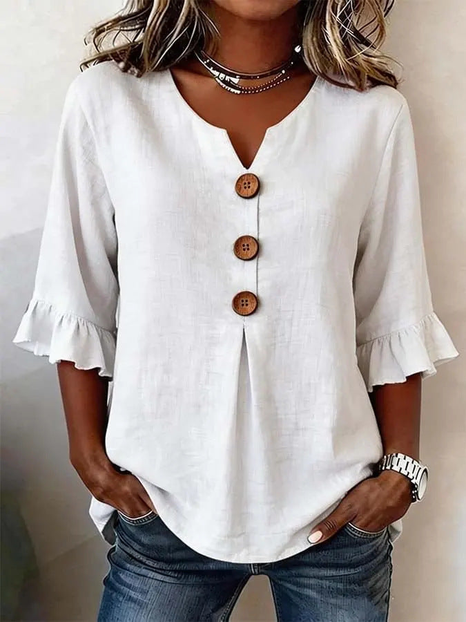 Women's Floral Print Linen Blouse, Vintage V Neck Sleeve Shirt, Casual Ruffle Cuff Button Down Tops