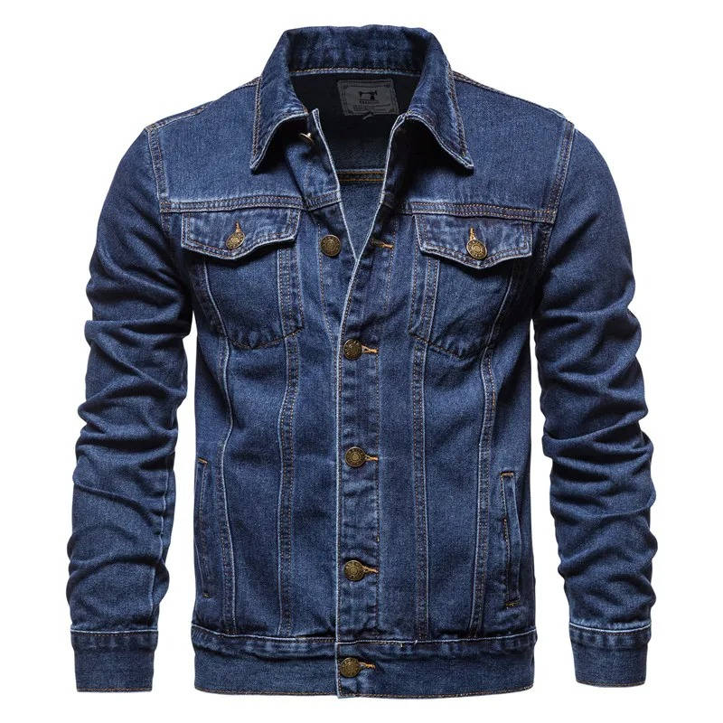 Mens Denim Jacket with Button Front and Four Pockets Hip Length