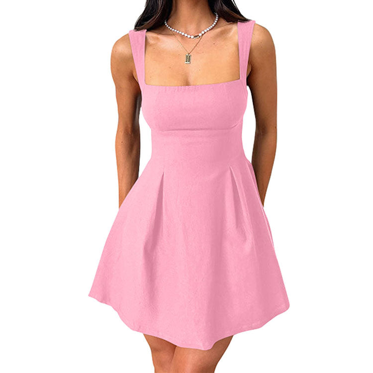 Womens Little Dress, Sexy Sleeveless Square Neck LBD Dress with Bow Tie A Line Mini Design