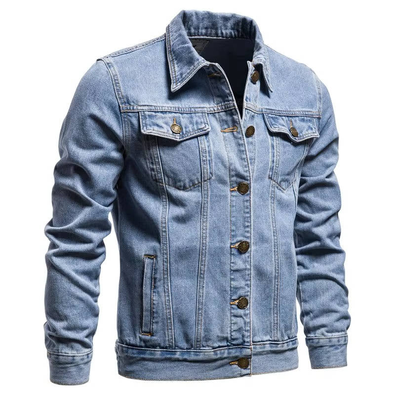 Mens Denim Jacket with Button Front and Four Pockets Hip Length