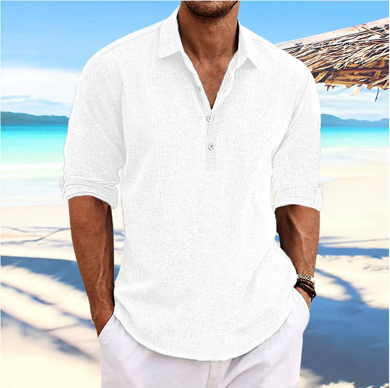 Men's Casual Cotton Shirt, Long Sleeve Pullover Beach Shirt, Lightweight Summer Vacation Style