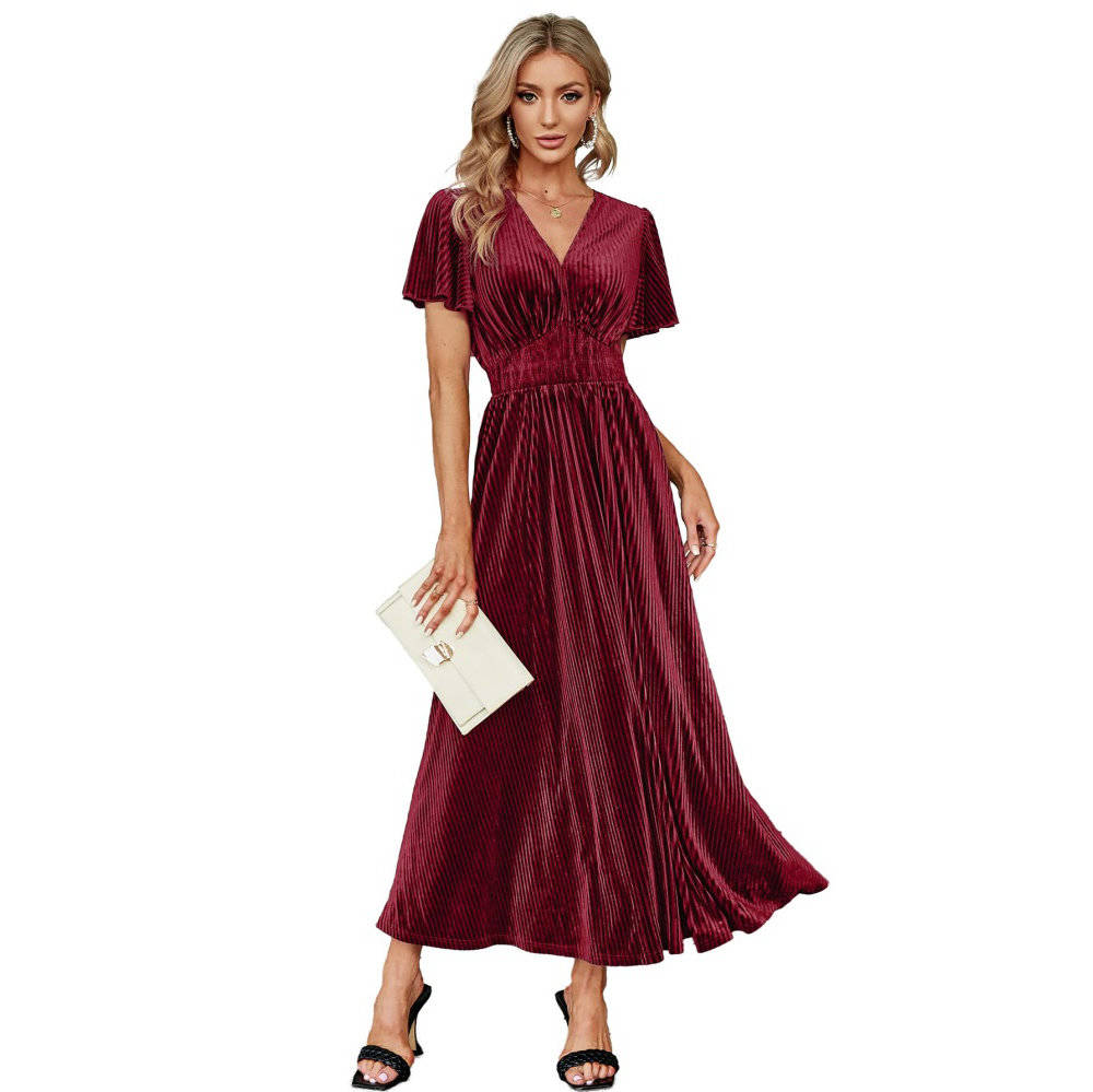 Womens Velvet Maxi Dress, V Neck Short Sleeve Empire Waist Long Formal Dress for Wedding Guests and Special Events