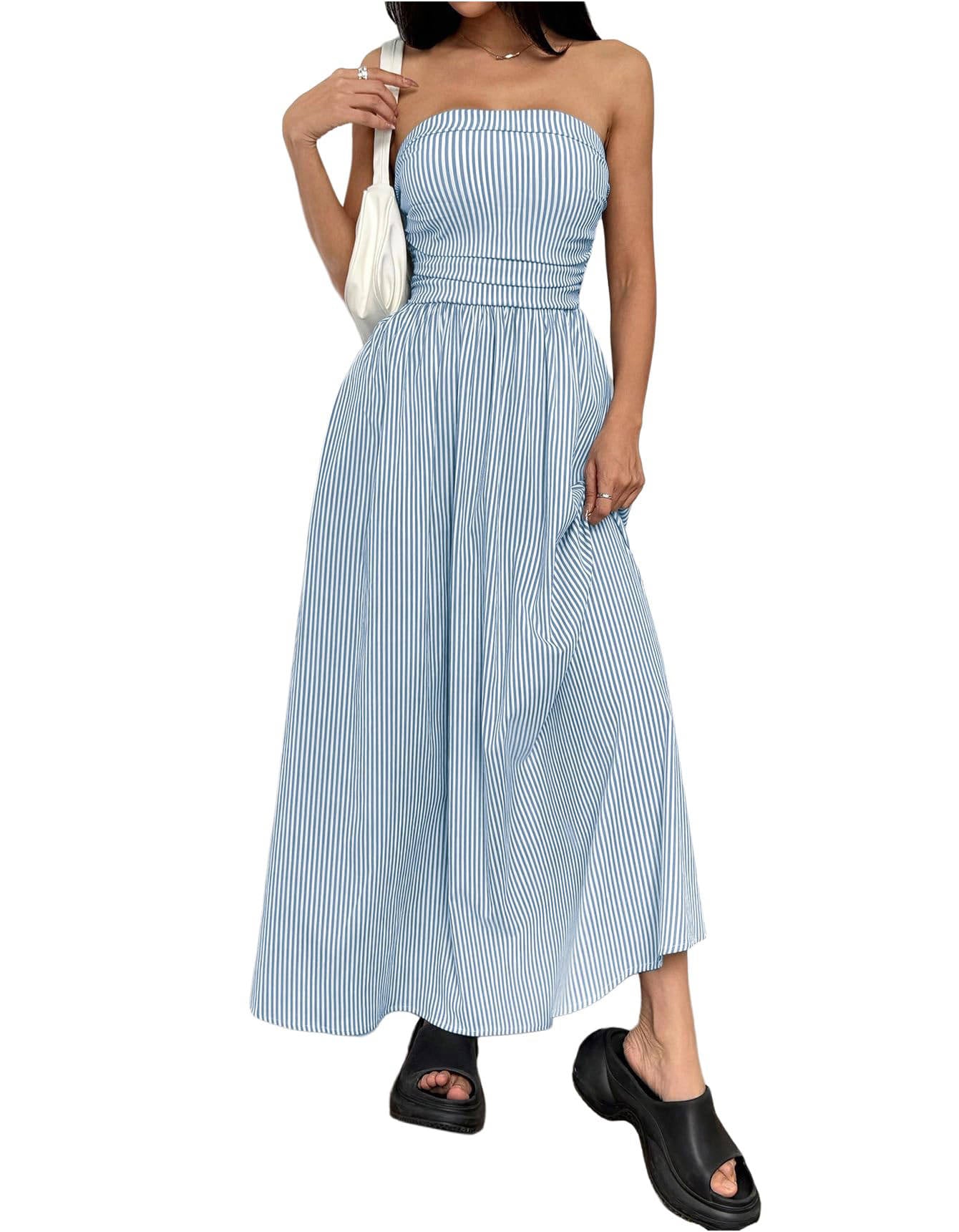 Womens Striped Strapless Maxi Dress, Casual Tube Top Summer Dress with Pockets