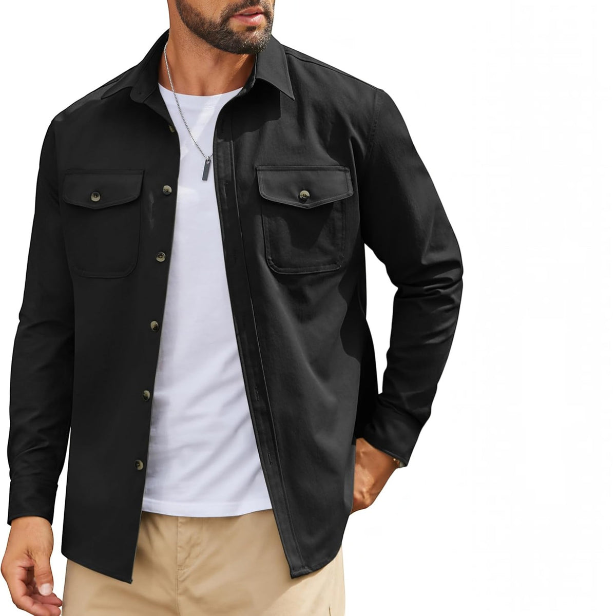 Mens Long Sleeve Button Down Work Shirt, Casual Workwear Shirt with Flap Pockets