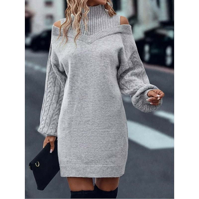 Cold-Shoulder Turtleneck Sweater Dress with Cable Knit Sleeves