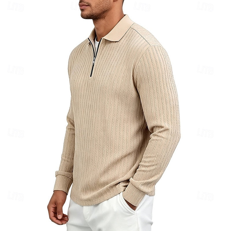 Mens Textured Quarter-Zip Polo Shirt with Long Sleeves and Regular Fit