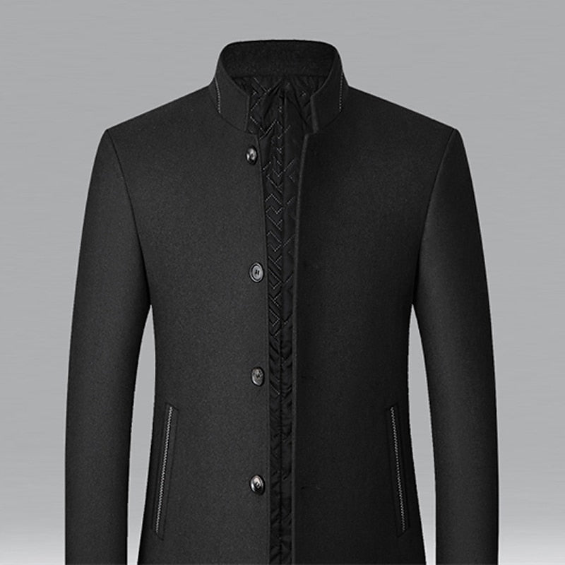 Tailored Overcoat with Stand Collar and Button Front, Hip-Length Coverage