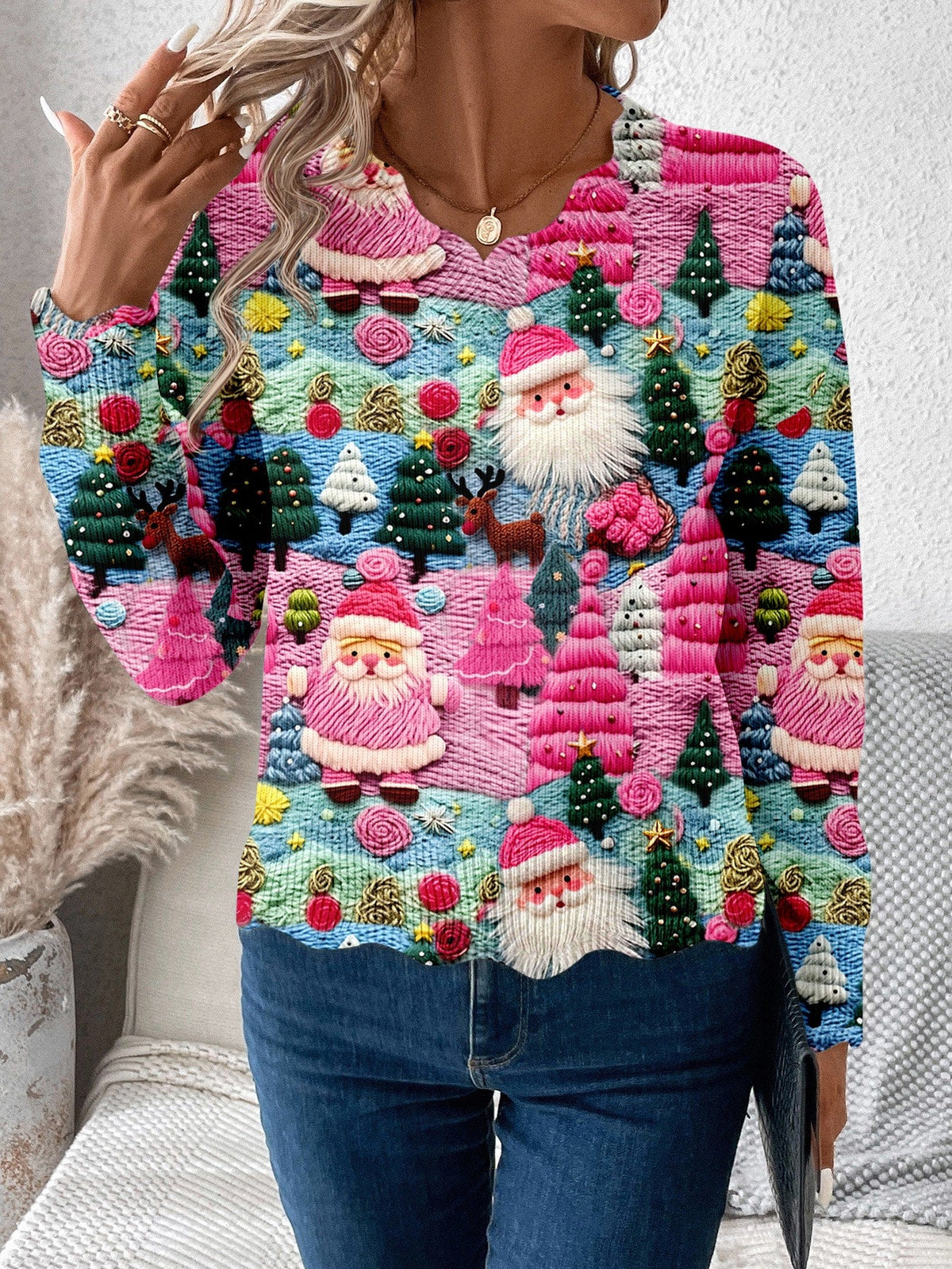 Womens Holiday Pullover Sweater with Scalloped Hem and Multicolor Pattern
