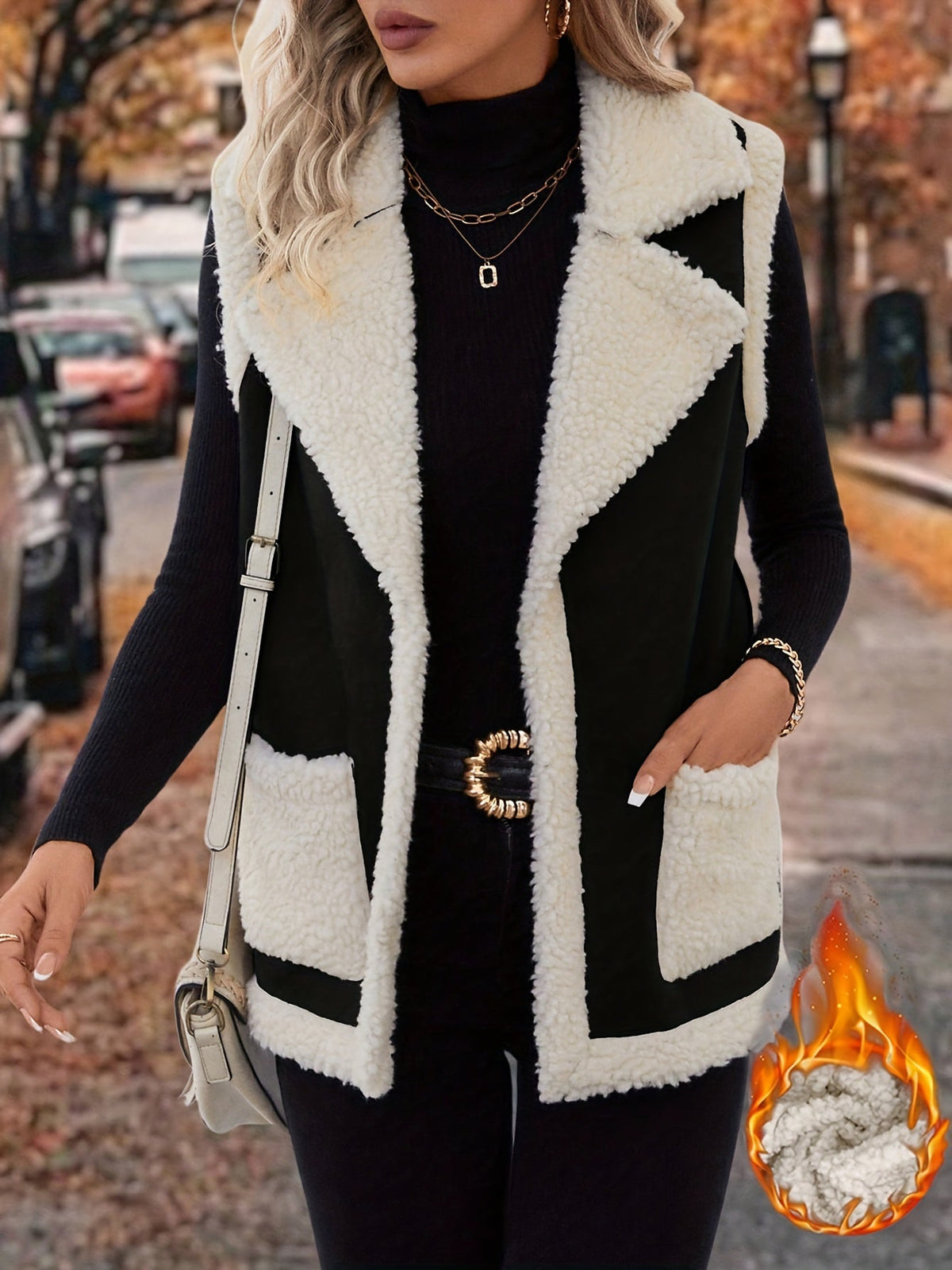 Sleeveless Vest with Lapel Collar and Plush Lining