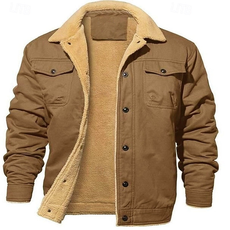 Trucker Jacket with Plush Lining and Button Front, Hip Length Pockets