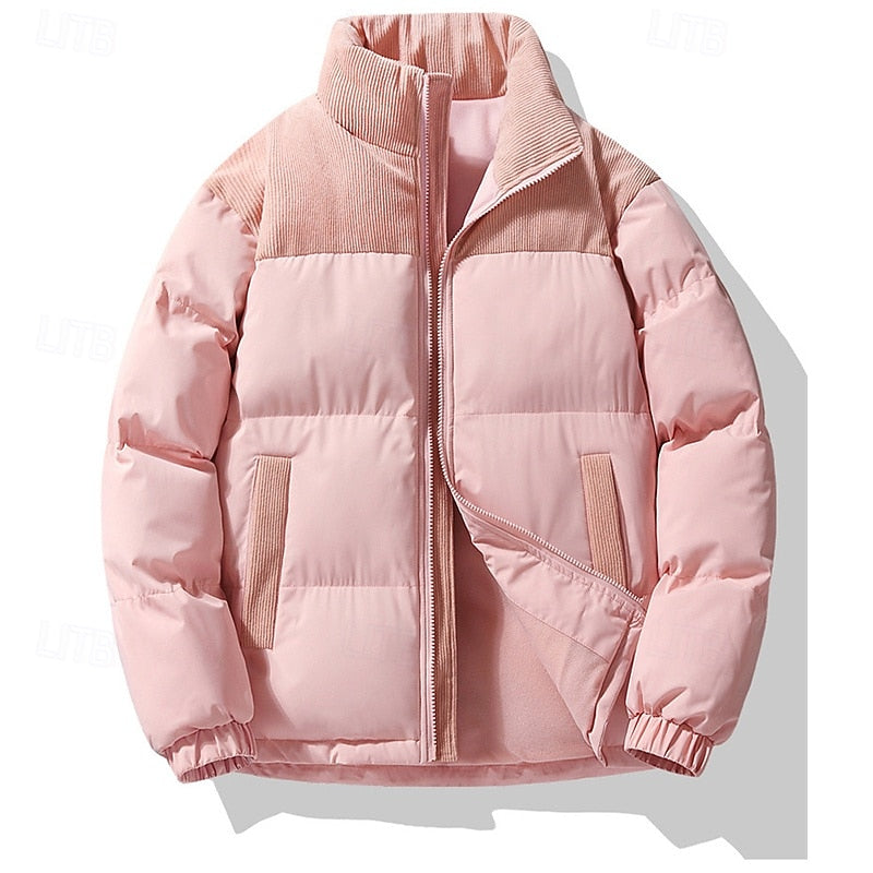 Padded Puffer Jacket with Stand Collar and Full Front Zipper, Two Pockets