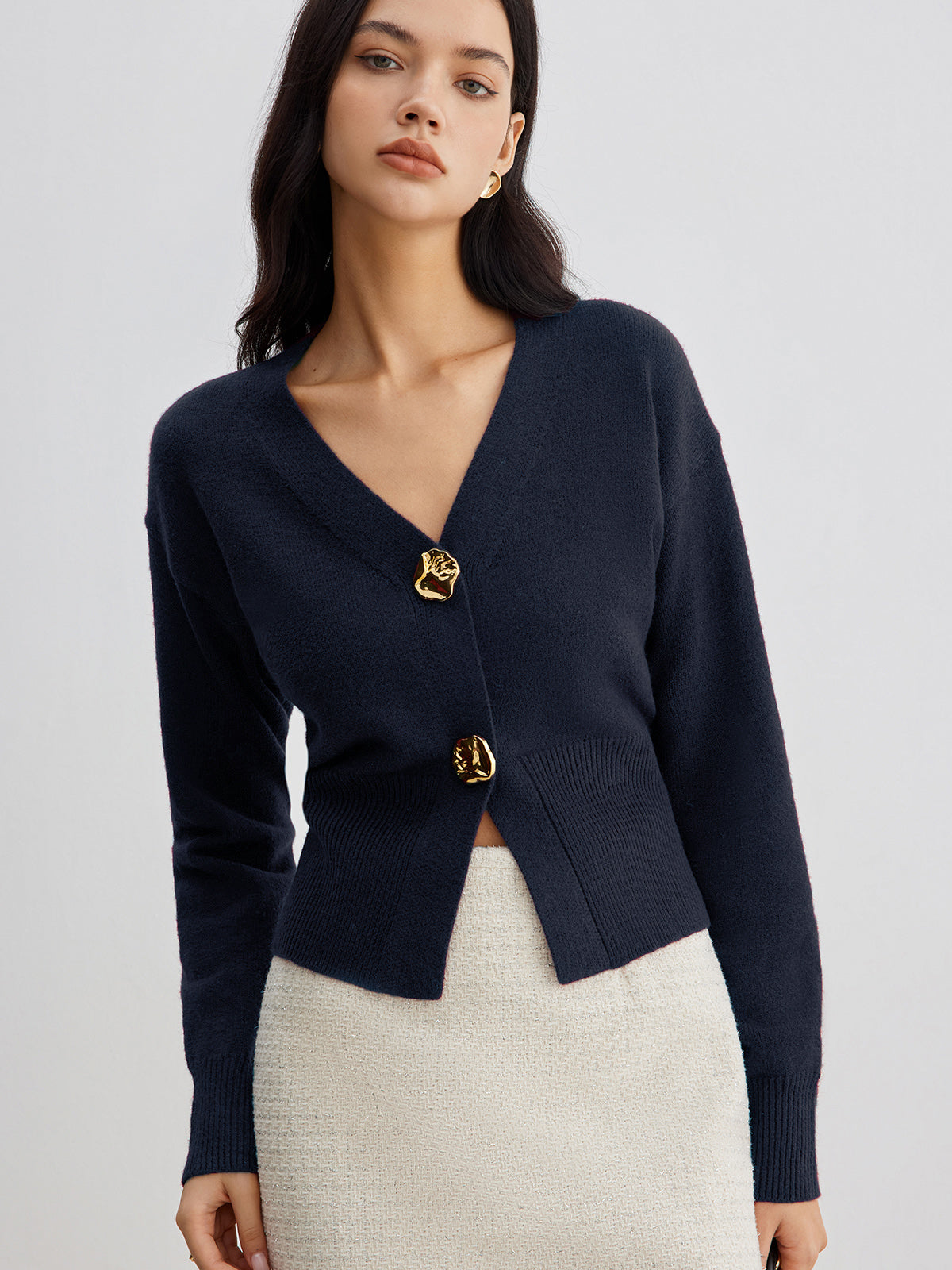 Knit Button Cardigan with Medium Stretch and Hip Length Coverage