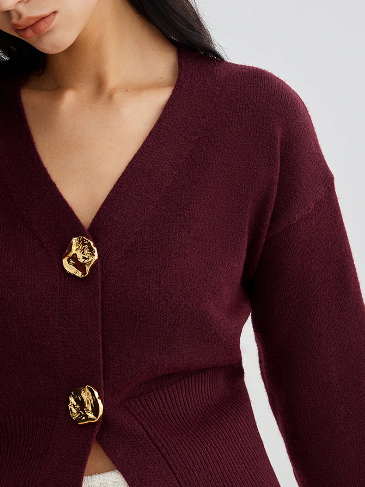 Knit Button Cardigan with Medium Stretch and Hip Length Coverage
