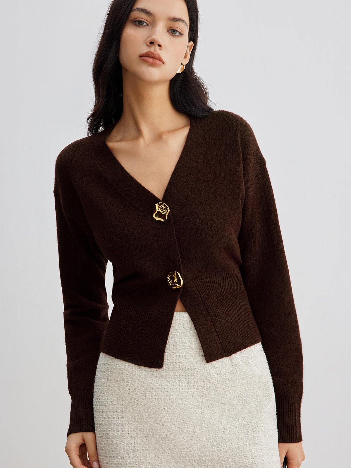 Knit Button Cardigan with Medium Stretch and Hip Length Coverage