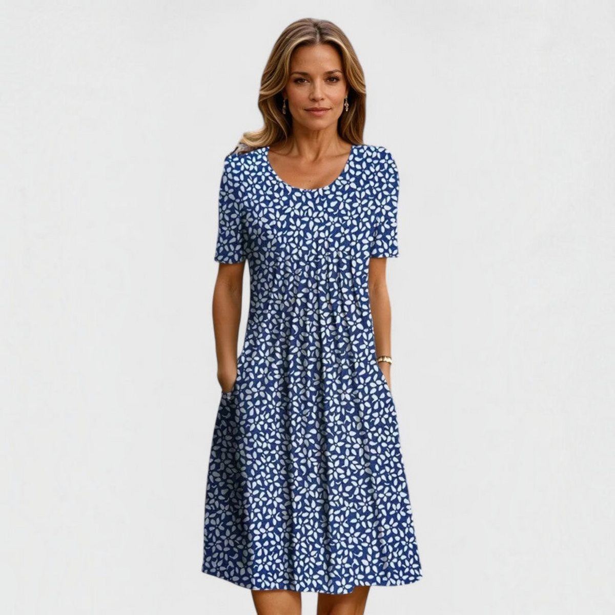 Floral Pleated Dress with Side Pockets and Short Sleeves for Women