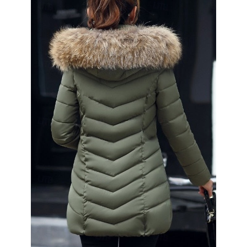 Hooded Quilted Parka with Adjustable Hood and Side Pockets, Mid Thigh Length