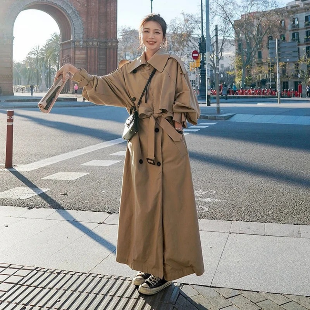 Womens Belted Maxi Trench Coat with Oversize Fit and Adjustable Tie Belt