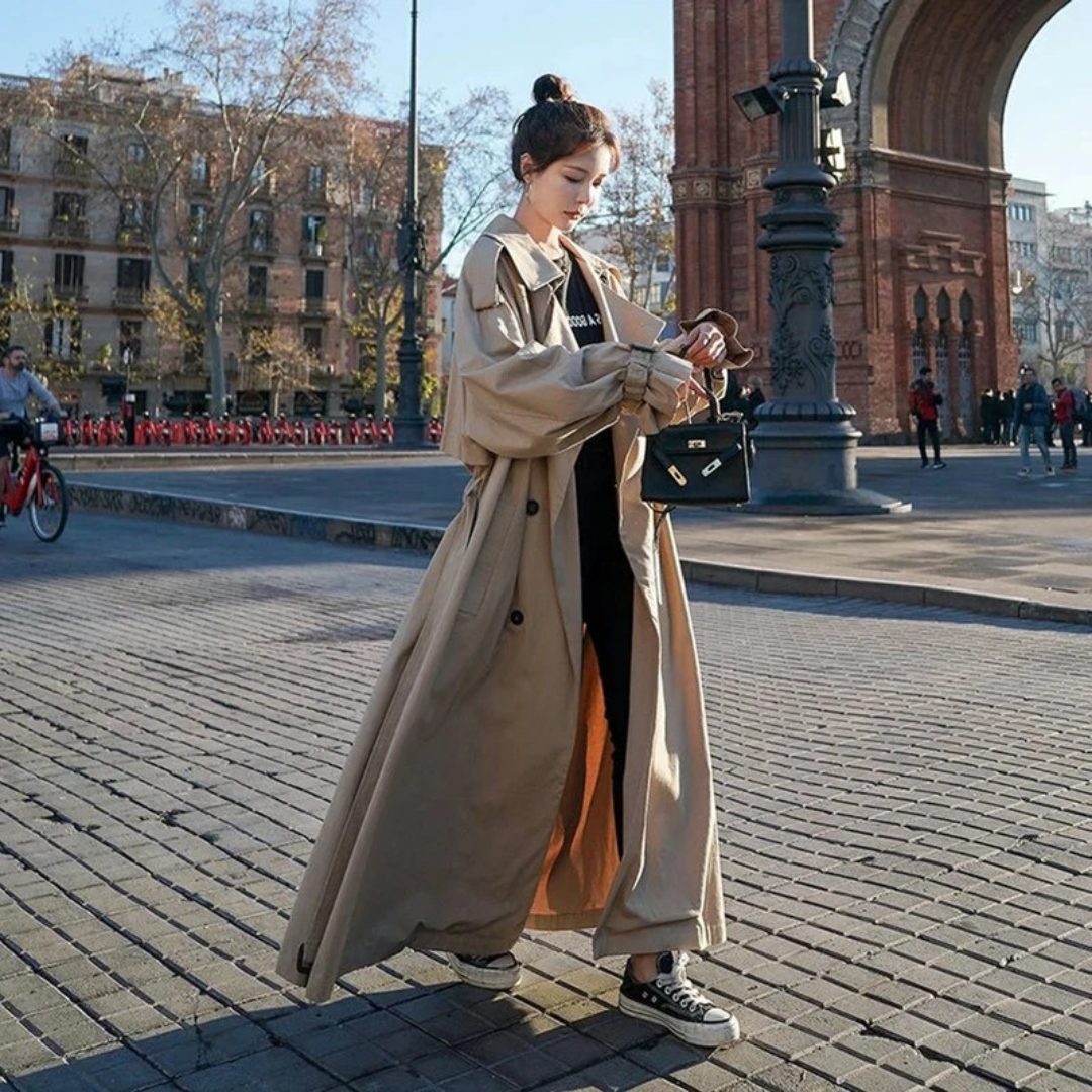 Womens Belted Maxi Trench Coat with Oversize Fit and Adjustable Tie Belt