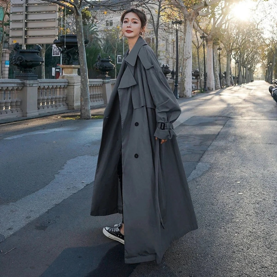 Womens Belted Maxi Trench Coat with Oversize Fit and Adjustable Tie Belt