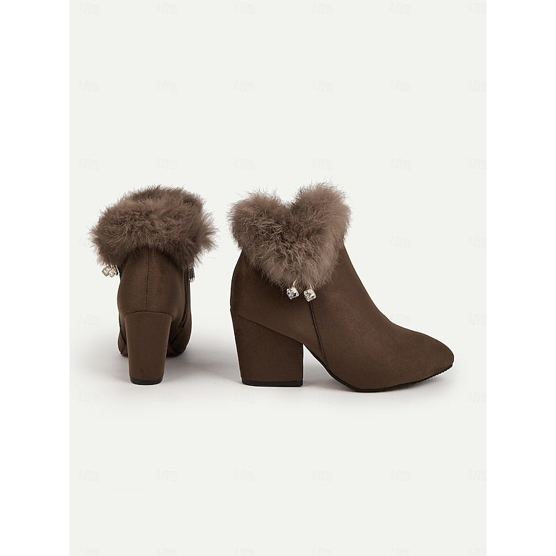 Ankle Boots with Plush Collar and Block Heel, Side Zip Pointed Toe