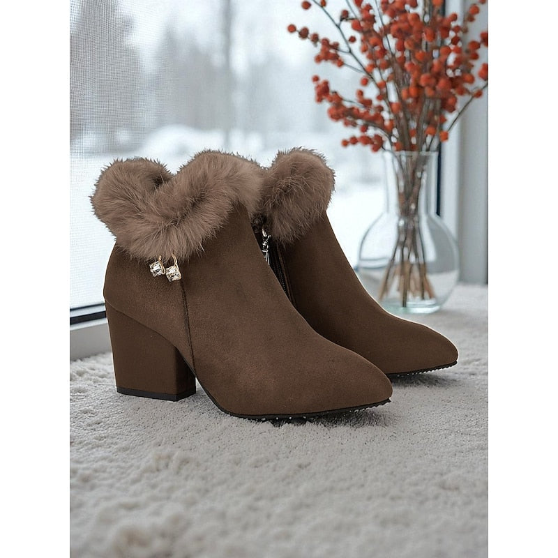 Ankle Boots with Plush Collar and Block Heel, Side Zip Pointed Toe