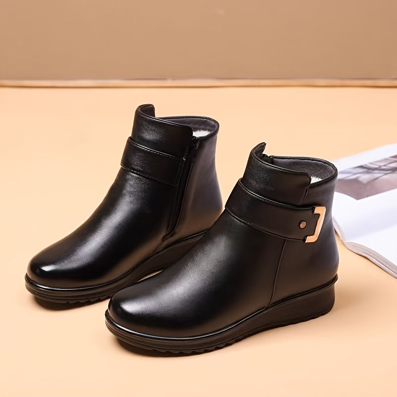 Lined Ankle Boots with Side Closure and Buckle Accent