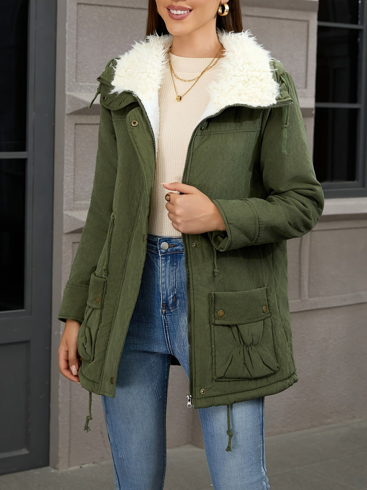 Mid Length Parka with Plush Lining and Adjustable Drawstring, Snap Button Closure
