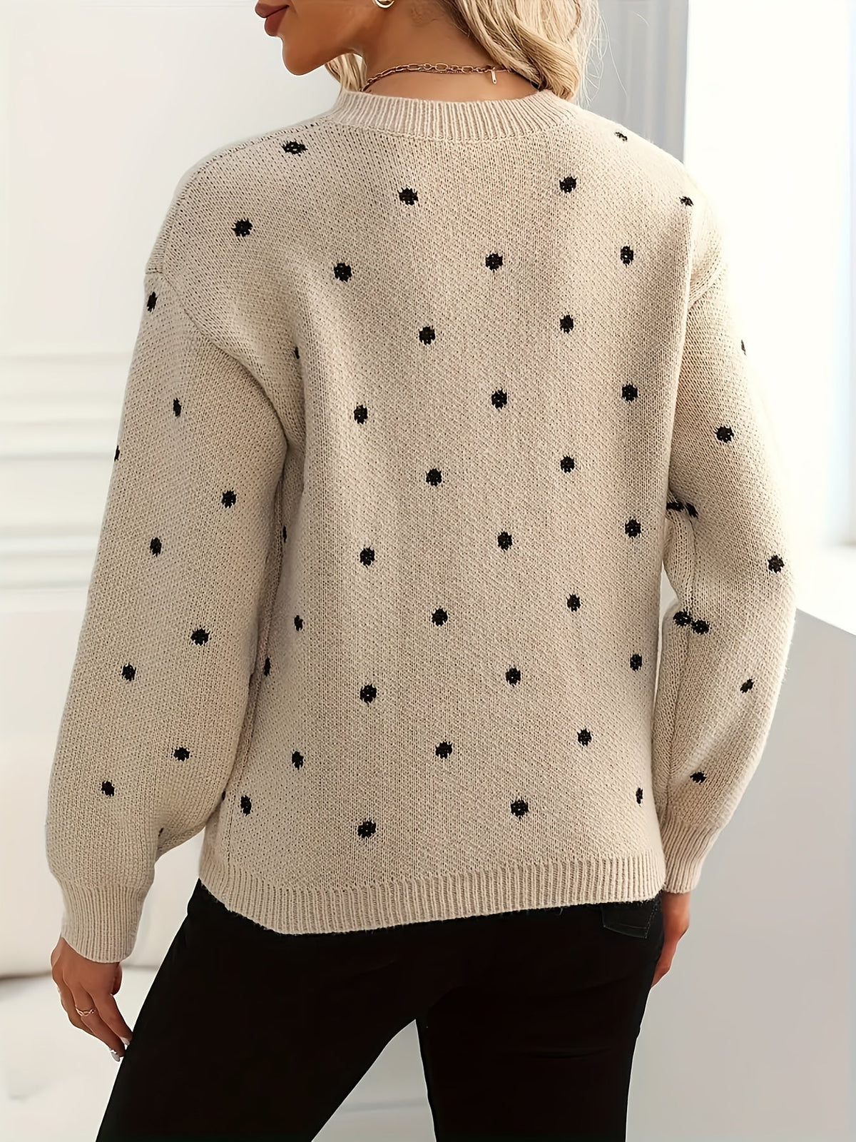 Polka Dot Crew Neck Sweater with Relaxed Fit and Natural Stretch, Ribbed Cuffs