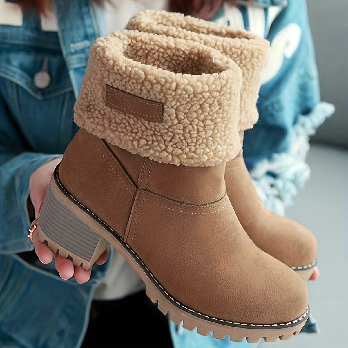 Slip On Ankle Boots with Plush Folded Cuff and Treaded Rubber Sole