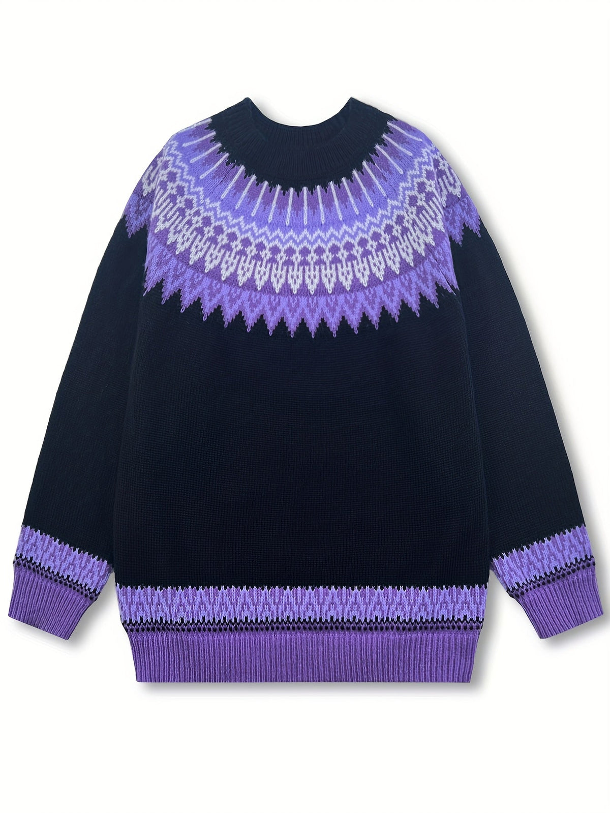 Chunky Jacquard Knit Sweater with Round Neck and Ribbed Cuffs, Hip Length