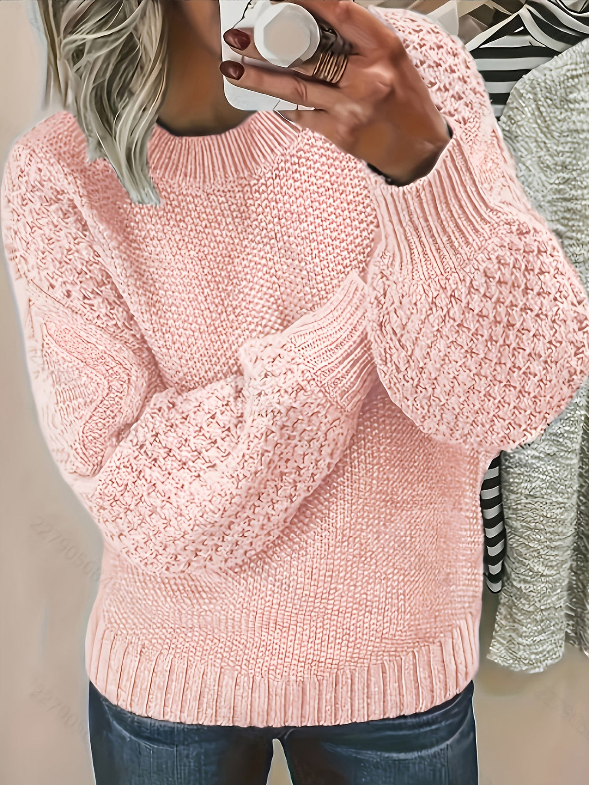 Textured Knit Pullover with Lantern Sleeves and Ribbed Neckline